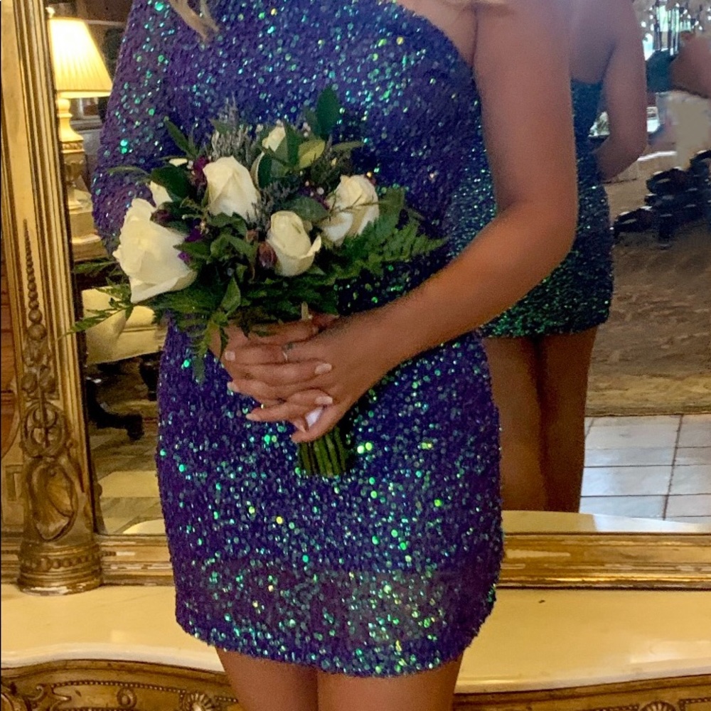 Purple and green sequin dress